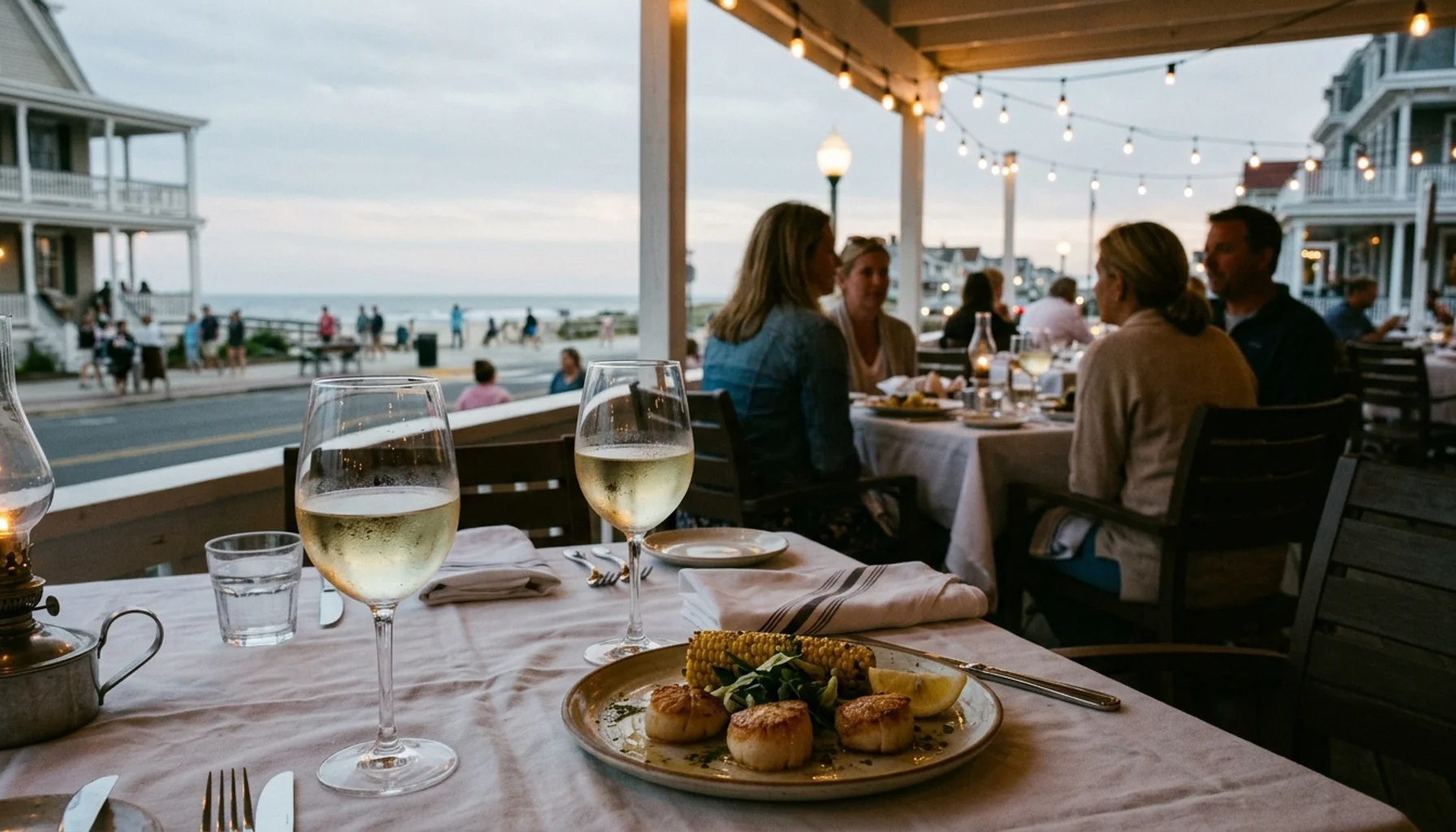 Restaurant terrace in Cape May where to eat near me with wine poured and plated seafood at dusk