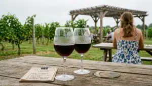 Two poured wine glasses at a Cape May winery tasting table, ideal for wine tasting near me searches