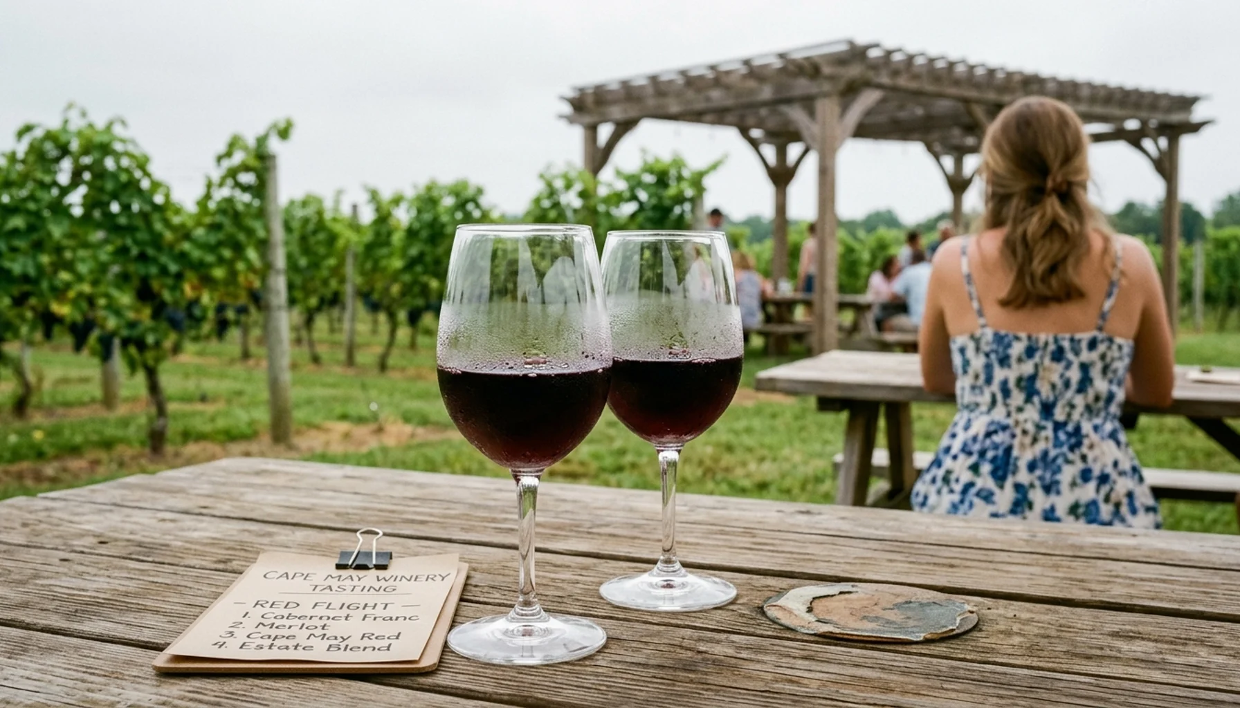 Two poured wine glasses at a Cape May winery tasting table, ideal for wine tasting near me searches