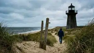 Weathered lighthouse and dune path near Chatham, one of the best cities in Cape Cod to visit